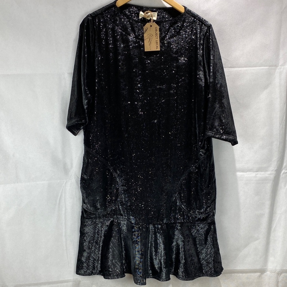 New Object Local Black Velvet Dress S-M Shimmer Ruffle Hem Sparkly Cocktai